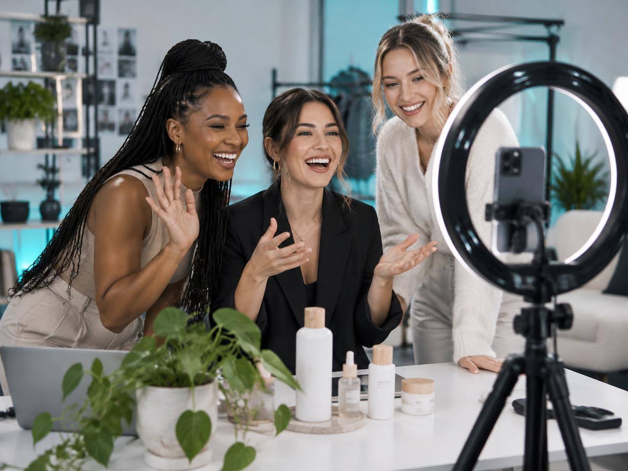 Creators filming together in a content studio